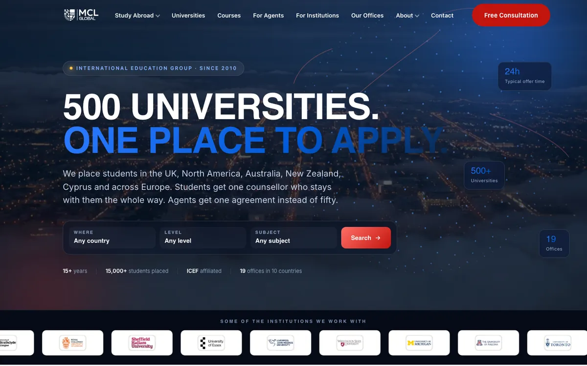 Screenshot of the MCL Global website